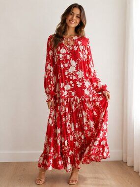 Johanna Ortiz X H &M Tiered Red White Floral Dress Maxi M Oversized